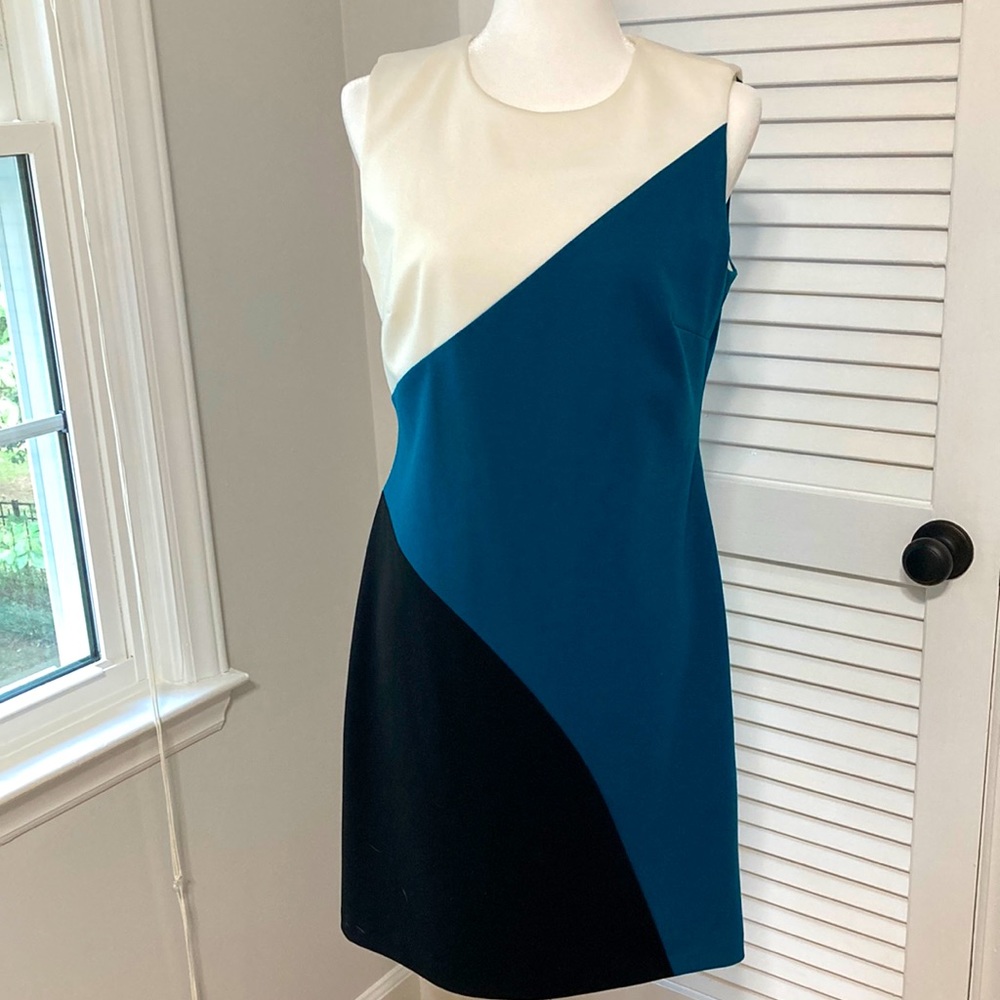 Calvin Klein Cream, Teal & Black Asymmetrical Colorblock Dress